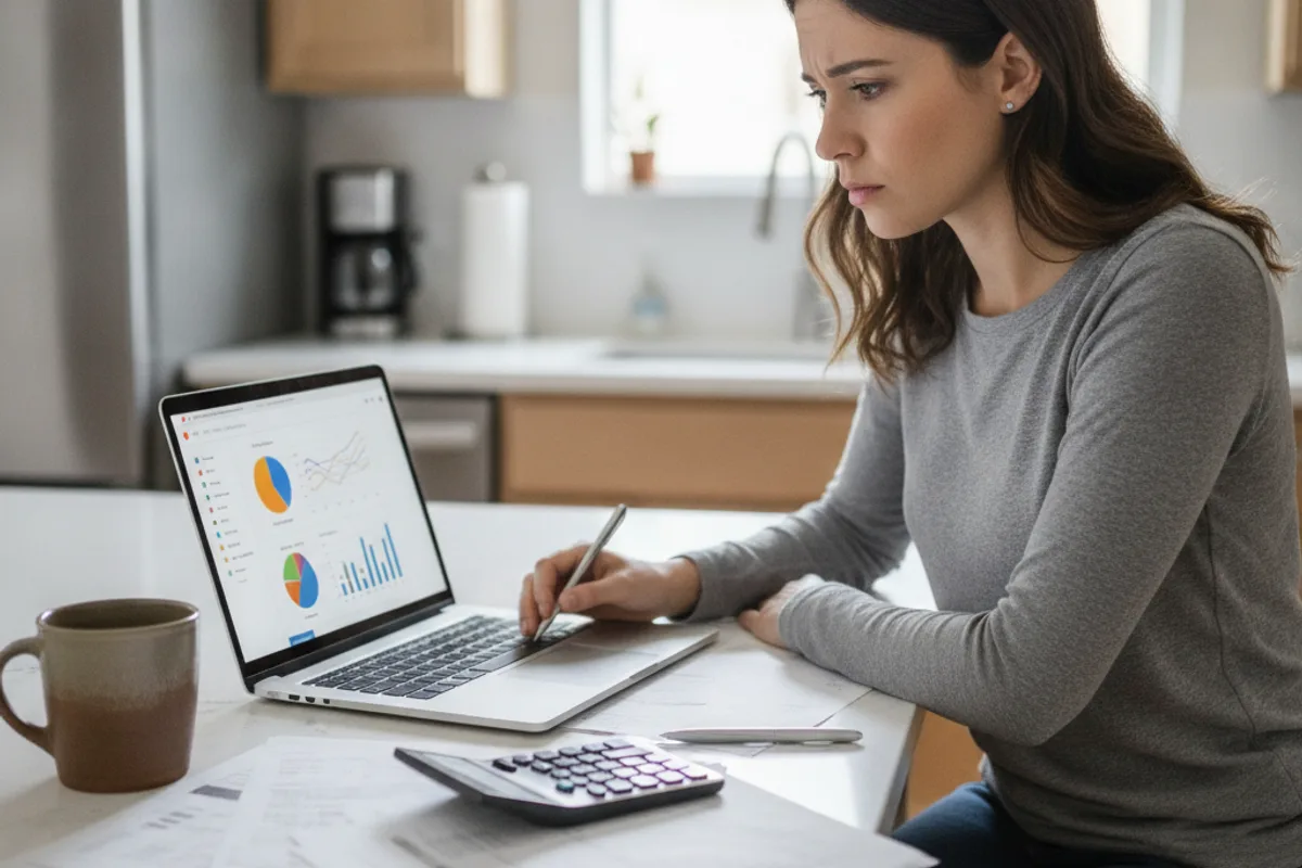 A young woman reviews financial statements and a laptop at her kitchen table, focused on budgeting.