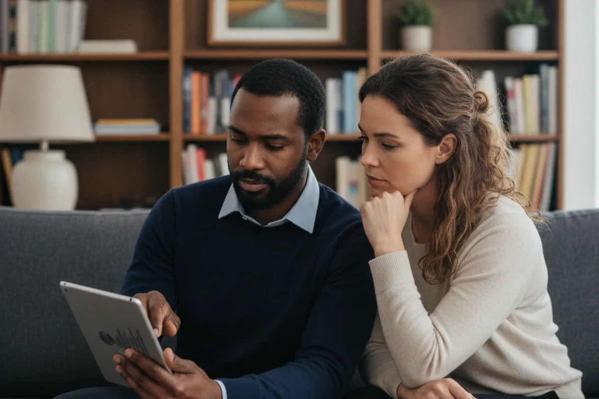 A diverse couple intently reviews information on a tablet, consulting about their financial future.