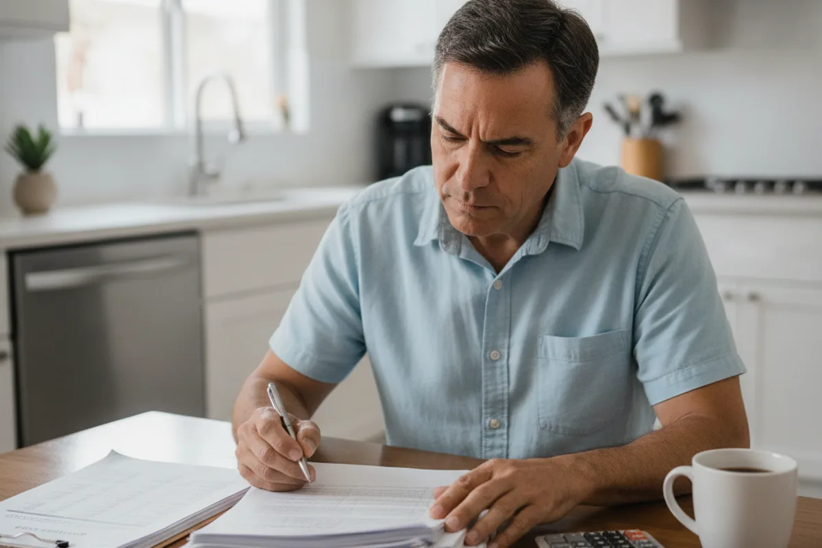 Un hombre hispano revisa documentos y cartas de impuestos en la mesa de su cocina, concentrado y preocupado.