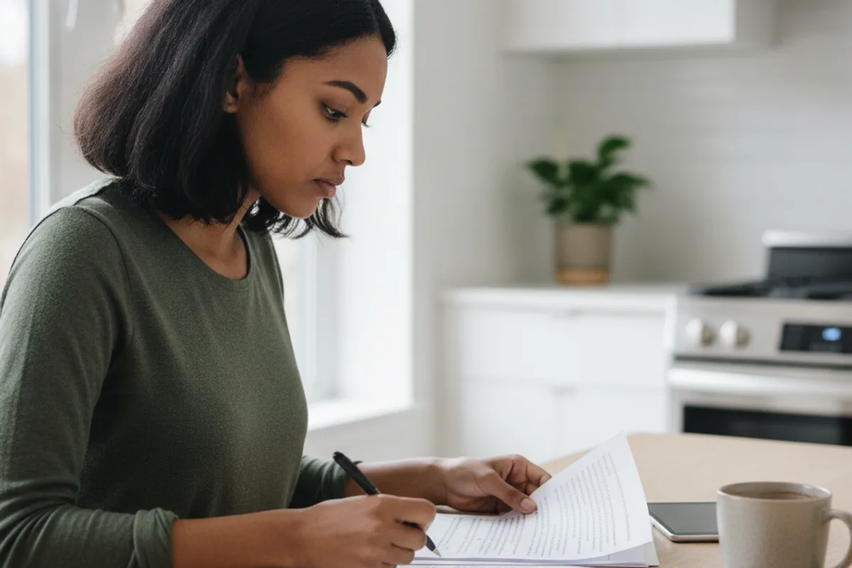 A diverse young woman sits at a kitchen table, intently reviewing a stack of legal documents with a pen.
