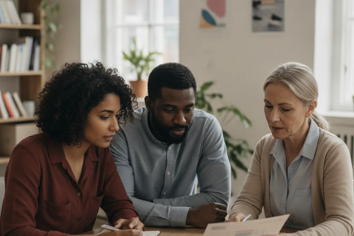A diverse couple consults with a housing counselor in a community office, receiving guidance on their rights.