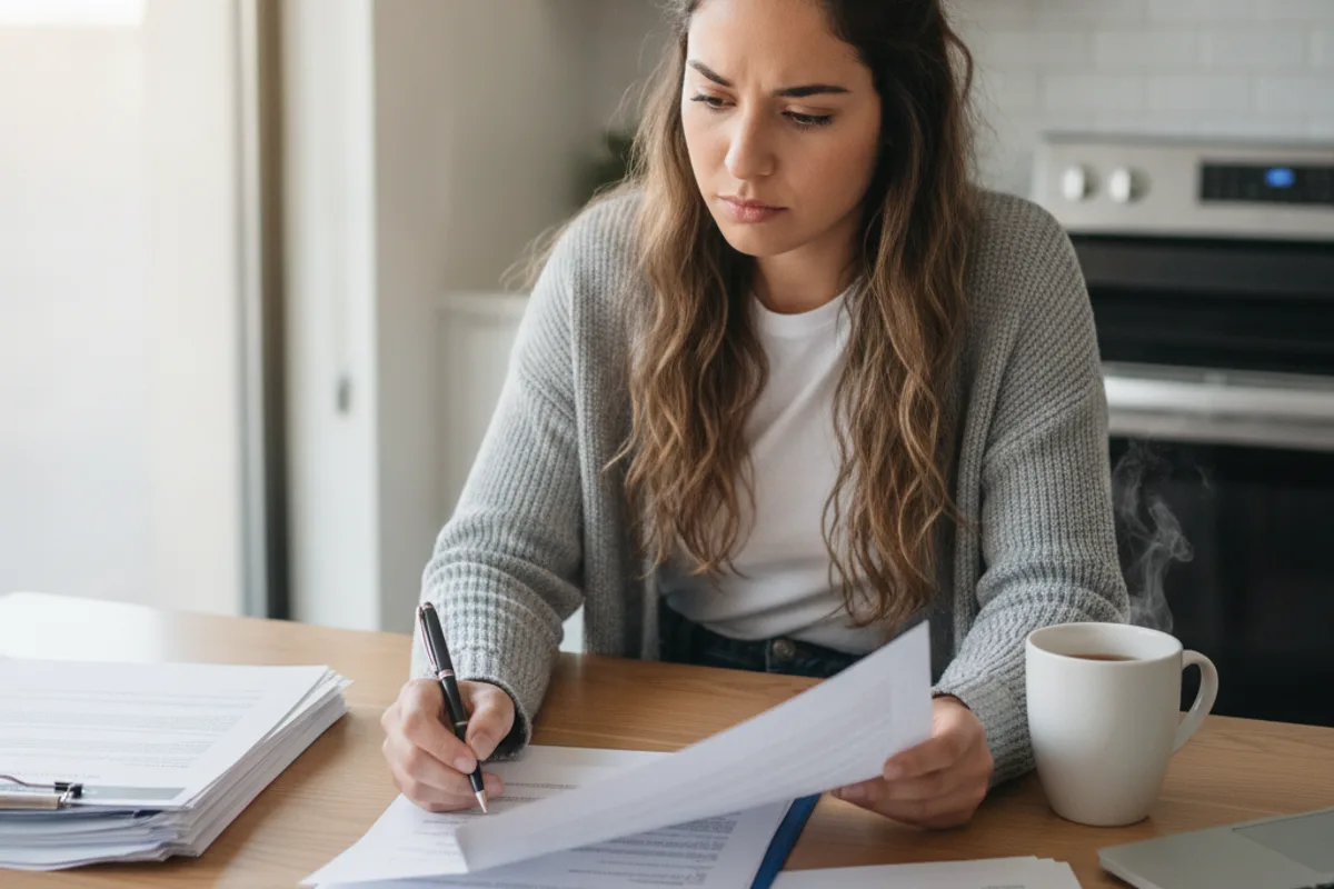 A woman thoughtfully reviews real estate documents at her kitchen table, a pen in hand, focused on the details.