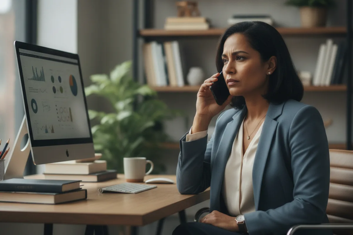 A professional woman of South Asian descent on the phone in a modern office, engaged in a focused conversation.