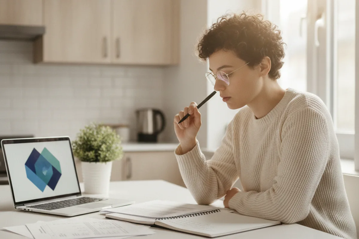 Person reviews business documents and notes at a kitchen table, contemplating intellectual property.