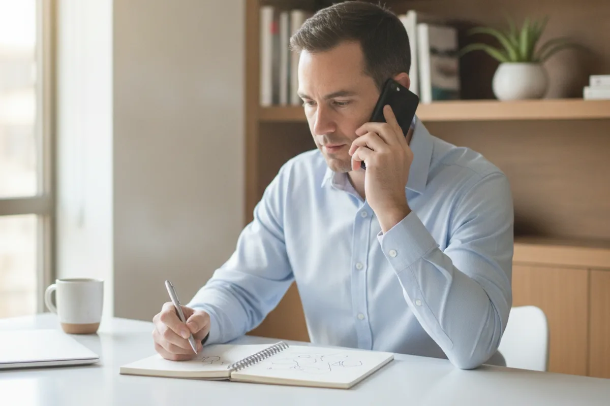 Entrepreneur on a phone call with an IP adviser, discussing protection strategies.