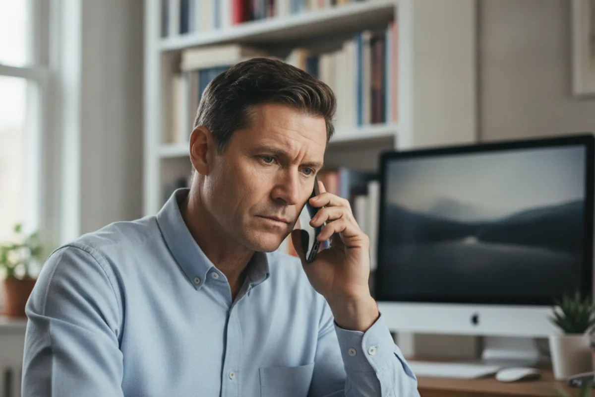 A man on the phone in his home office, discussing a serious legal matter.