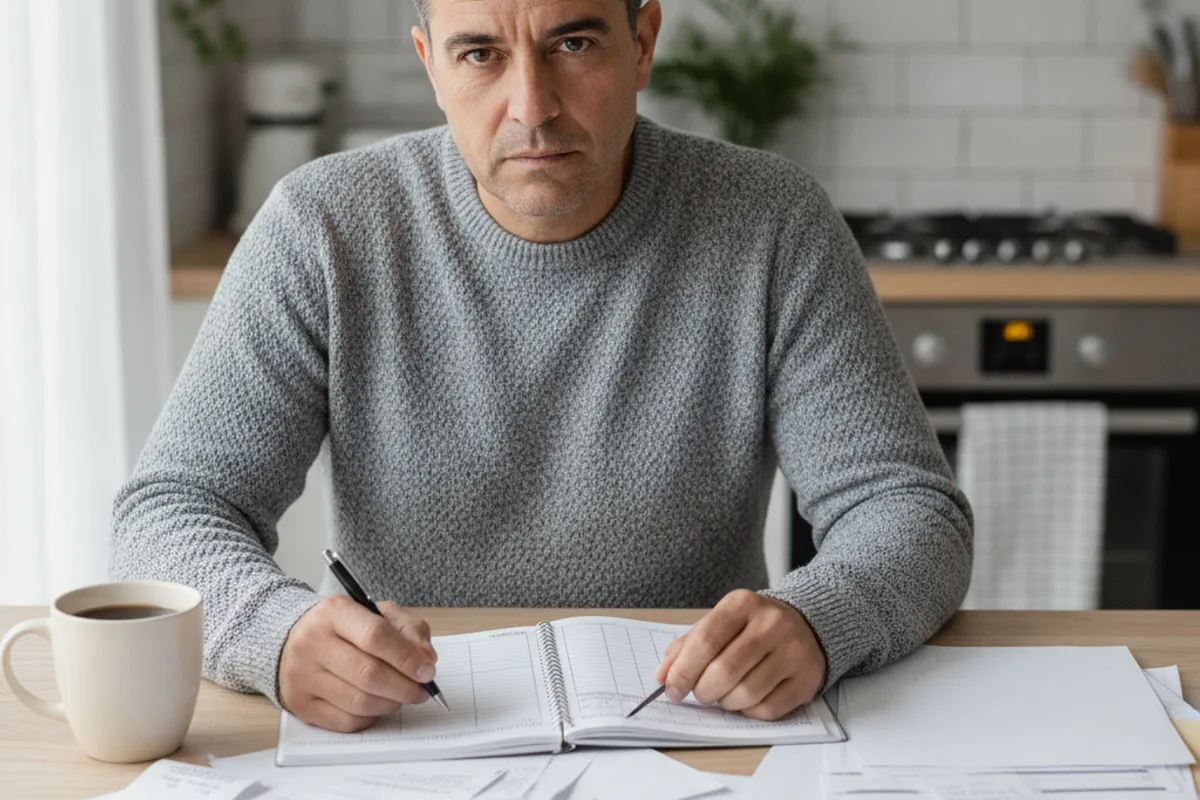 A man reviews personal financial documents and a generic tax form at his kitchen table, focused on organizing.