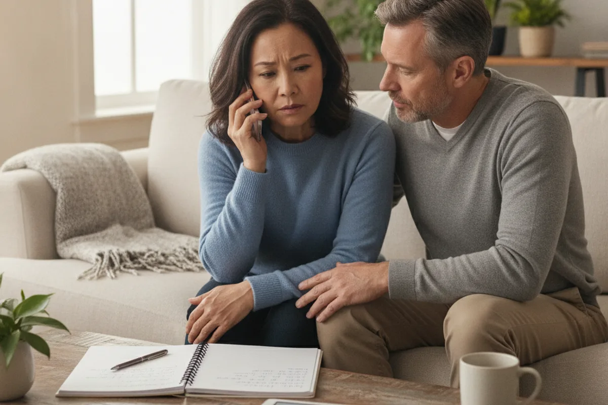 Diverse couple on a sofa, one on the phone with an adviser, discussing financial matters.