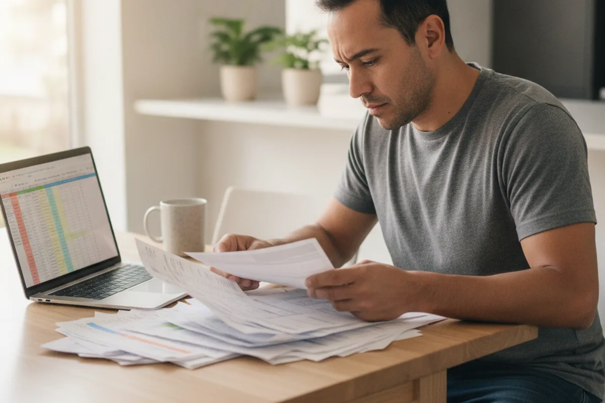 Un hombre en la mesa de su cocina revisa meticulosamente recibos de pago y horarios de trabajo.
