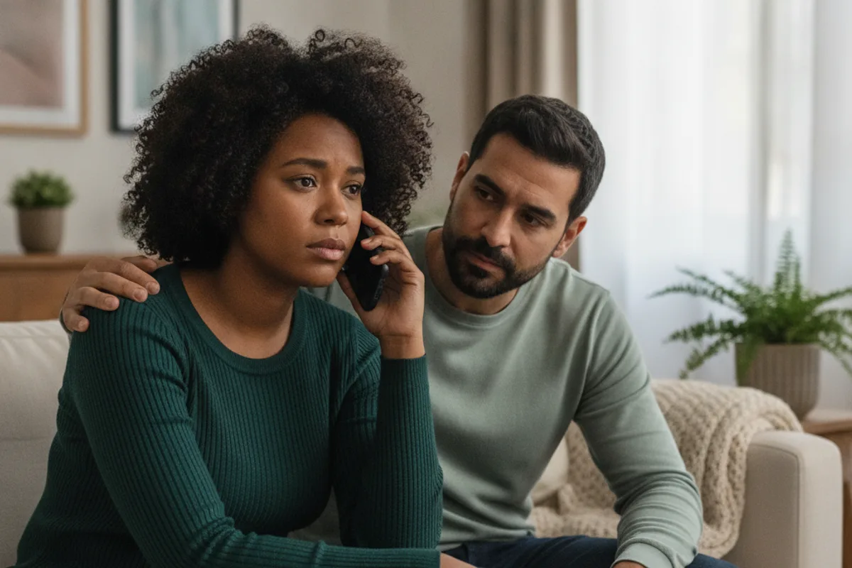Una pareja diversa en un sofá; uno habla por teléfono con un asesor, el otro escucha con apoyo.