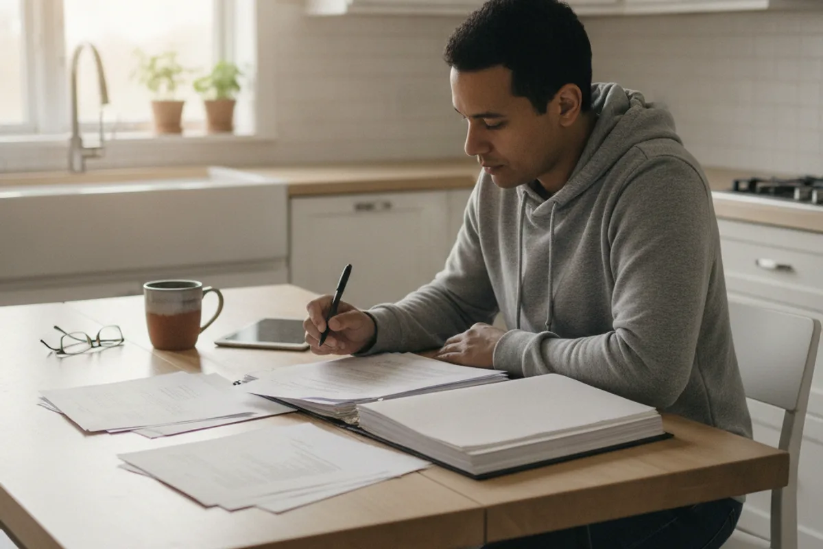 A person reviews legal documents at a kitchen table, a pen in hand and a coffee mug nearby.