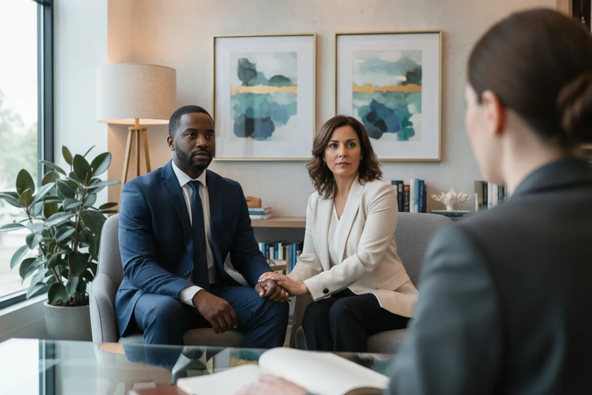 A diverse couple consults with an attorney in a professional office, showing mutual support.