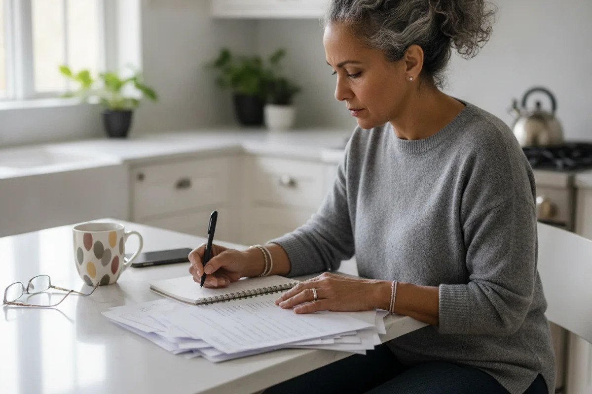 Woman diligently reviews legal documents at her kitchen table, preparing for a deposition.