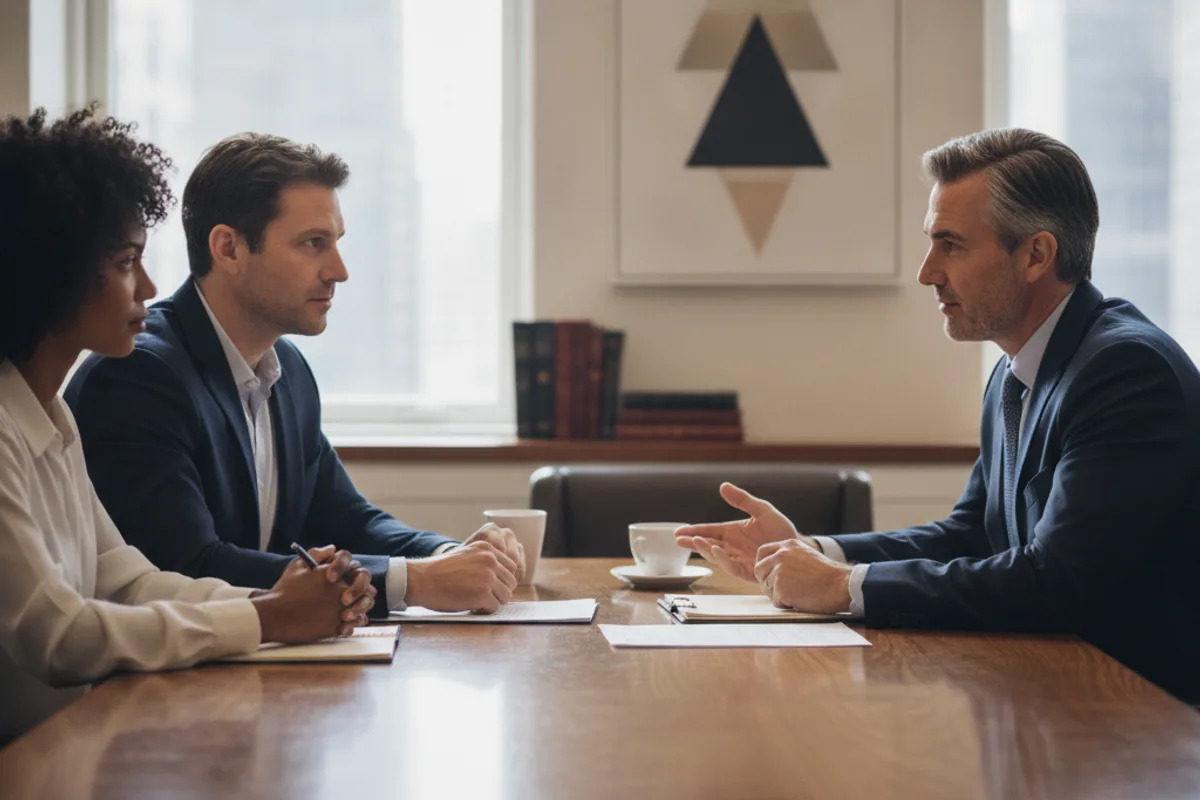 Attorney discusses deposition preparation with a diverse couple in a professional conference room.