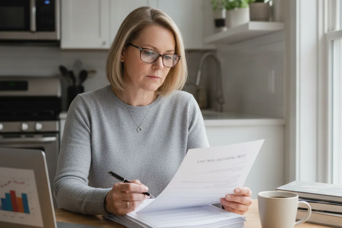 Una mujer revisa documentos de fideicomiso en vida en la mesa de su cocina, considerando su plan patrimonial.