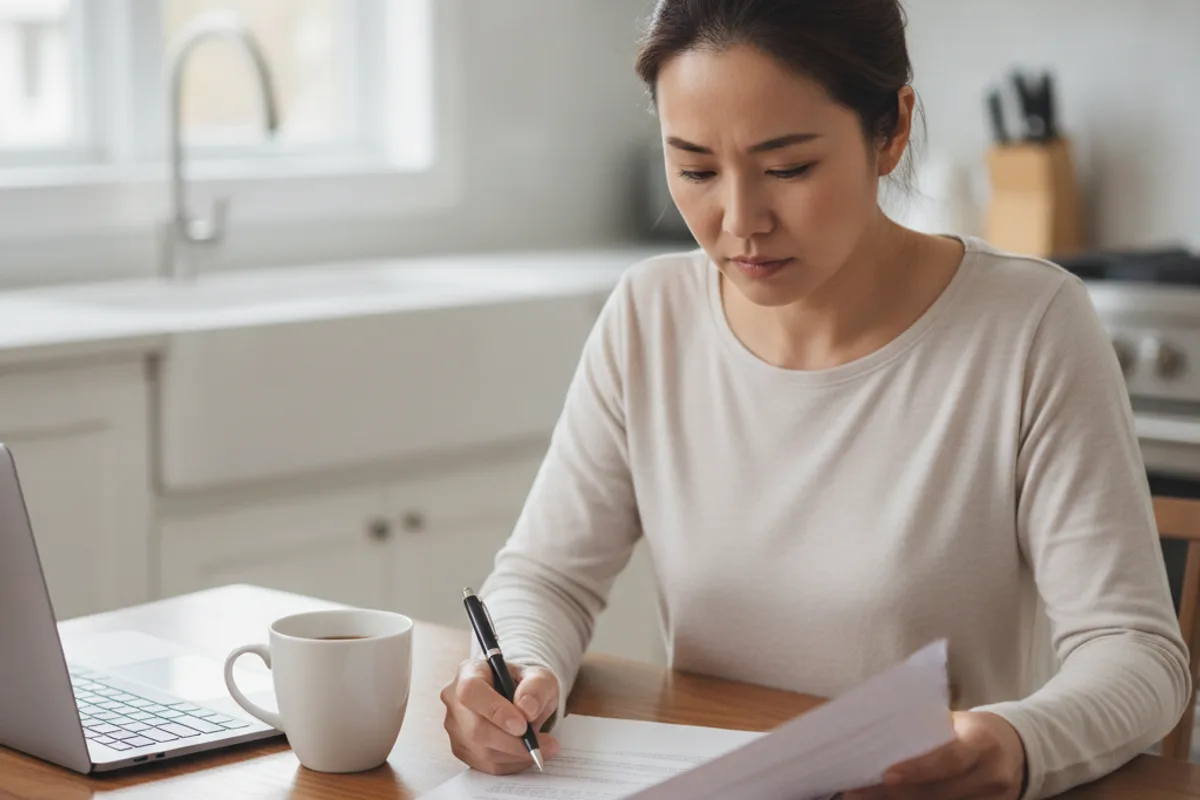 Asian woman thoughtfully reviews parenting plan documents at her kitchen table at home.