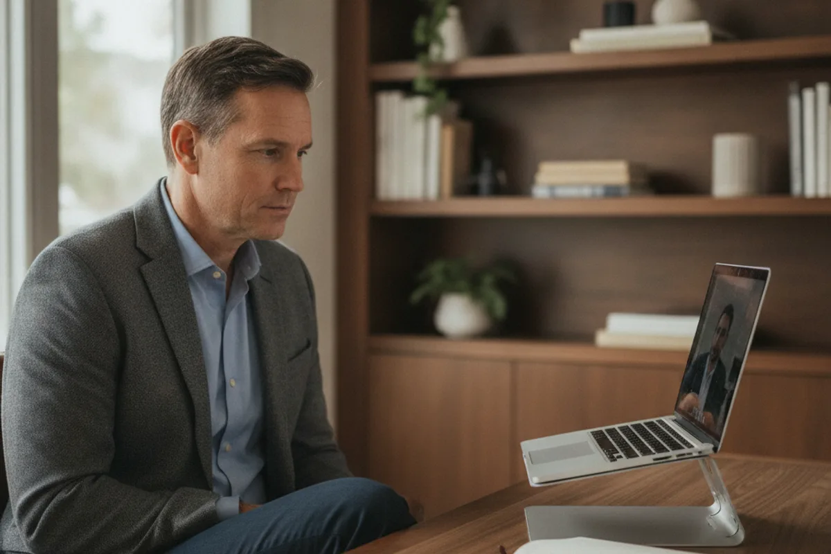 Man on a video call with a legal adviser, discussing his parenting plan from a home office.