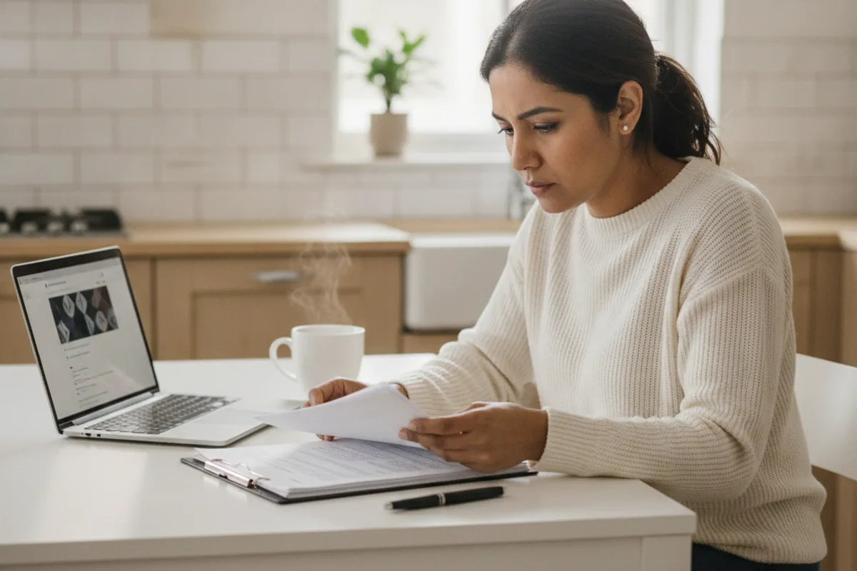 A woman carefully reviews a legal document, a non-disclosure agreement, at her kitchen table at home.