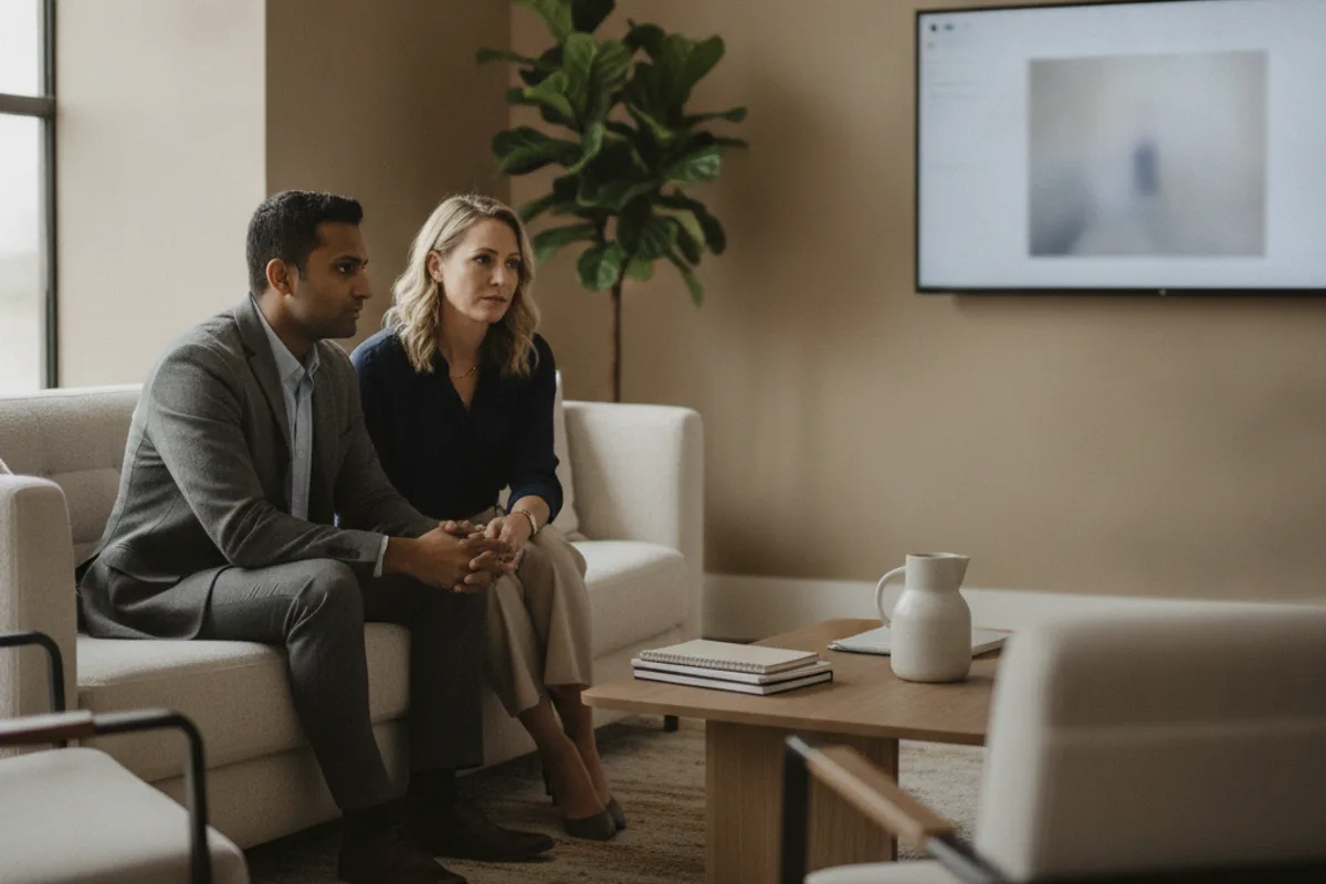 A diverse couple consults with an advisor via video call, discussing important legal agreements.