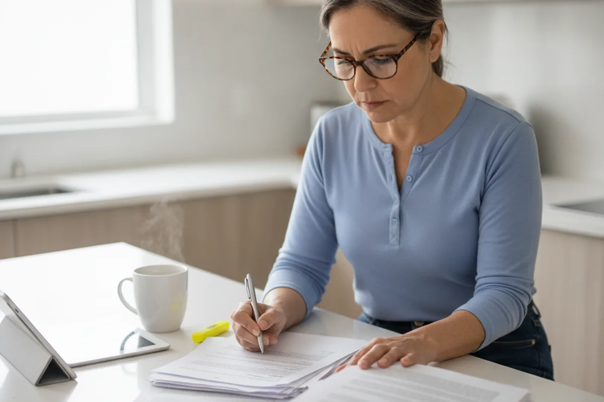 A Hispanic woman with glasses reviews legal documents and takes notes at her kitchen table.