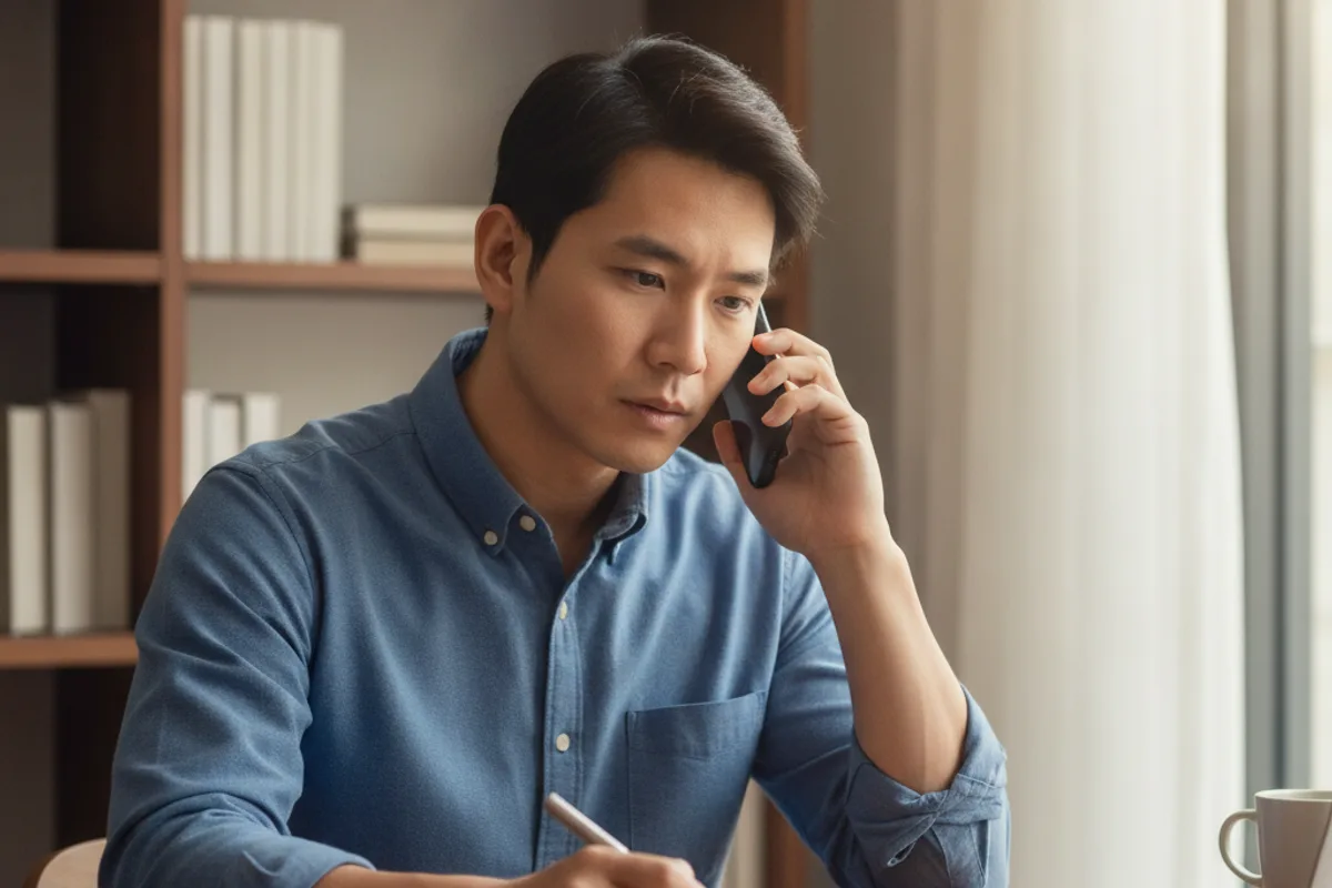 Young Asian man talks on the phone with an adviser, taking notes in his home office.