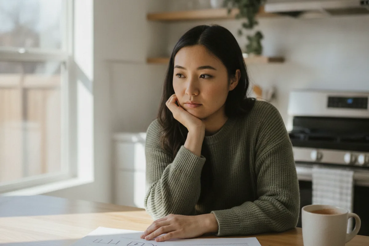 A young woman reviews legal documents at her kitchen table, preparing for an important meeting.