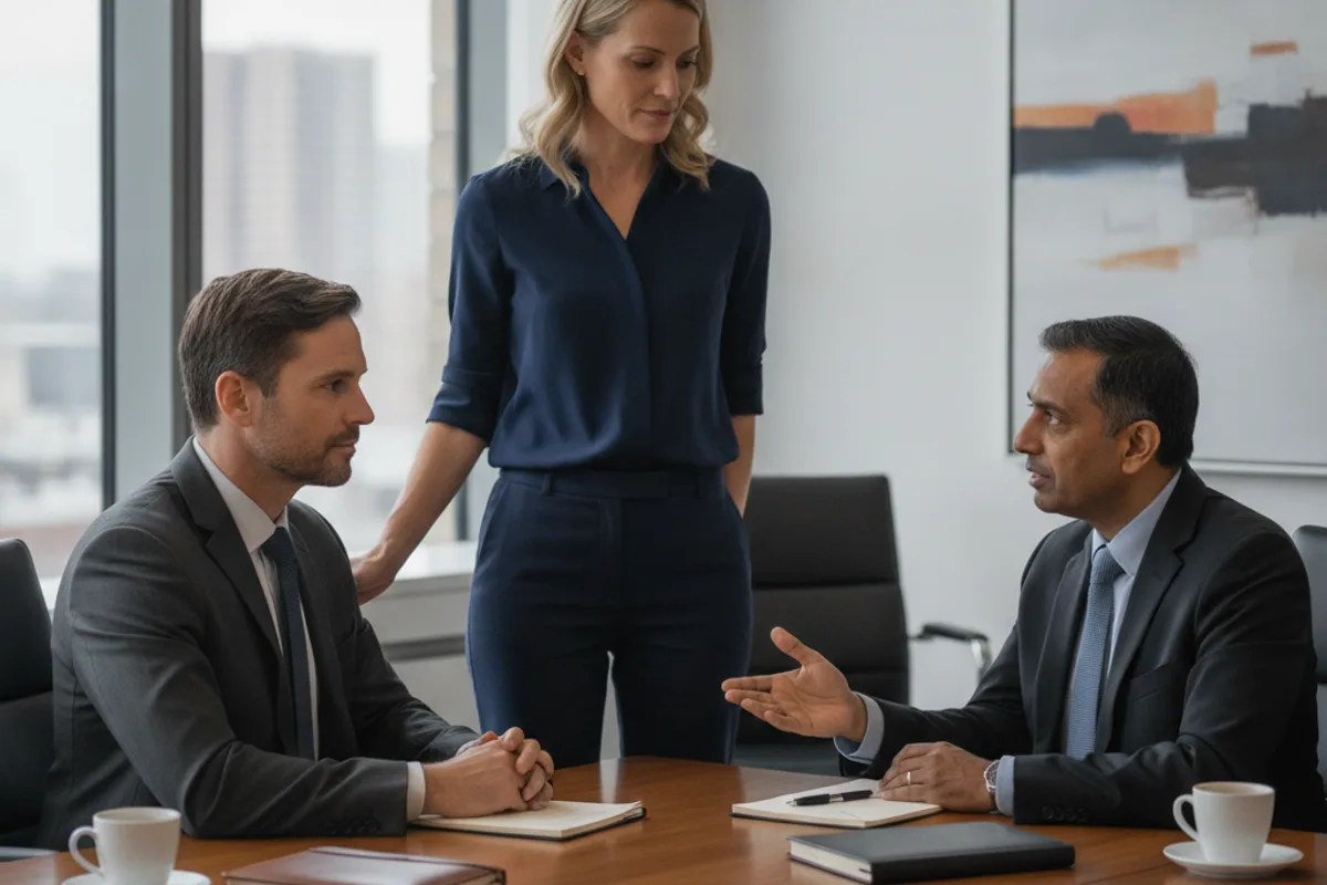 A diverse couple consults with a lawyer in a professional setting, seeking legal advice and support.