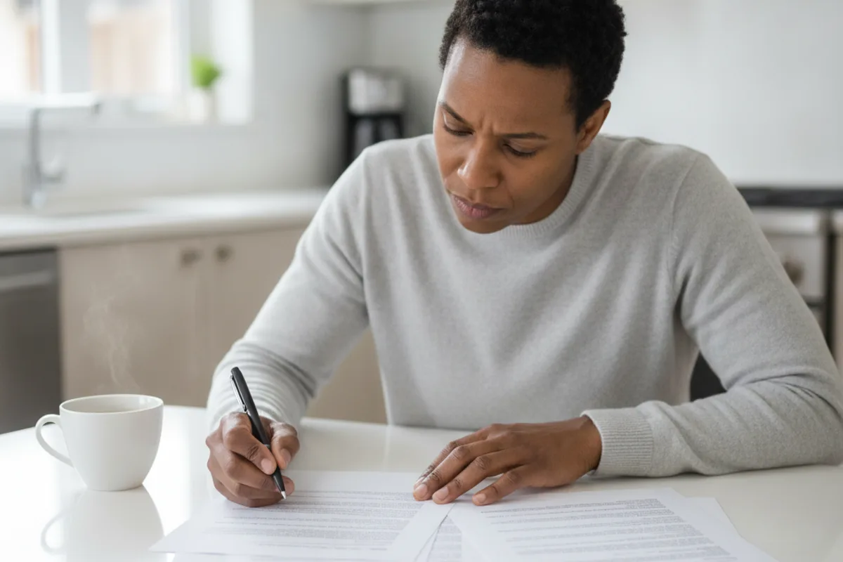 A person reviews legal documents at a kitchen table, looking thoughtful and focused.