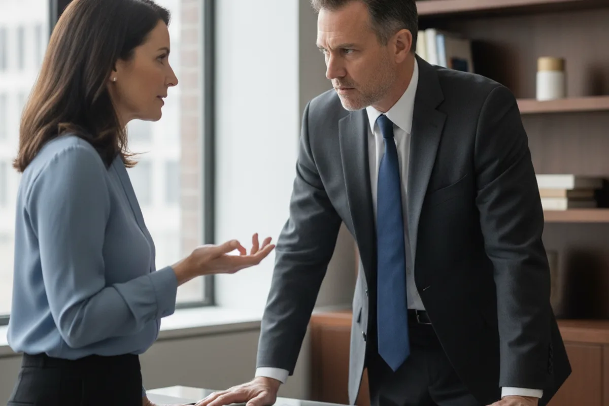 An attorney listens intently to a female client across a modern office desk during a consultation.