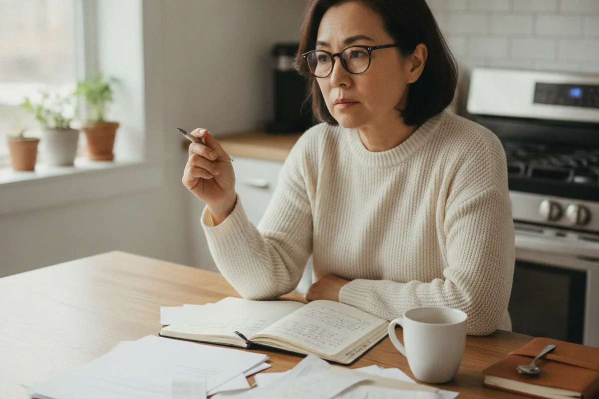A thoughtful Asian woman reviews important personal documents at her kitchen table, contemplating her next steps.