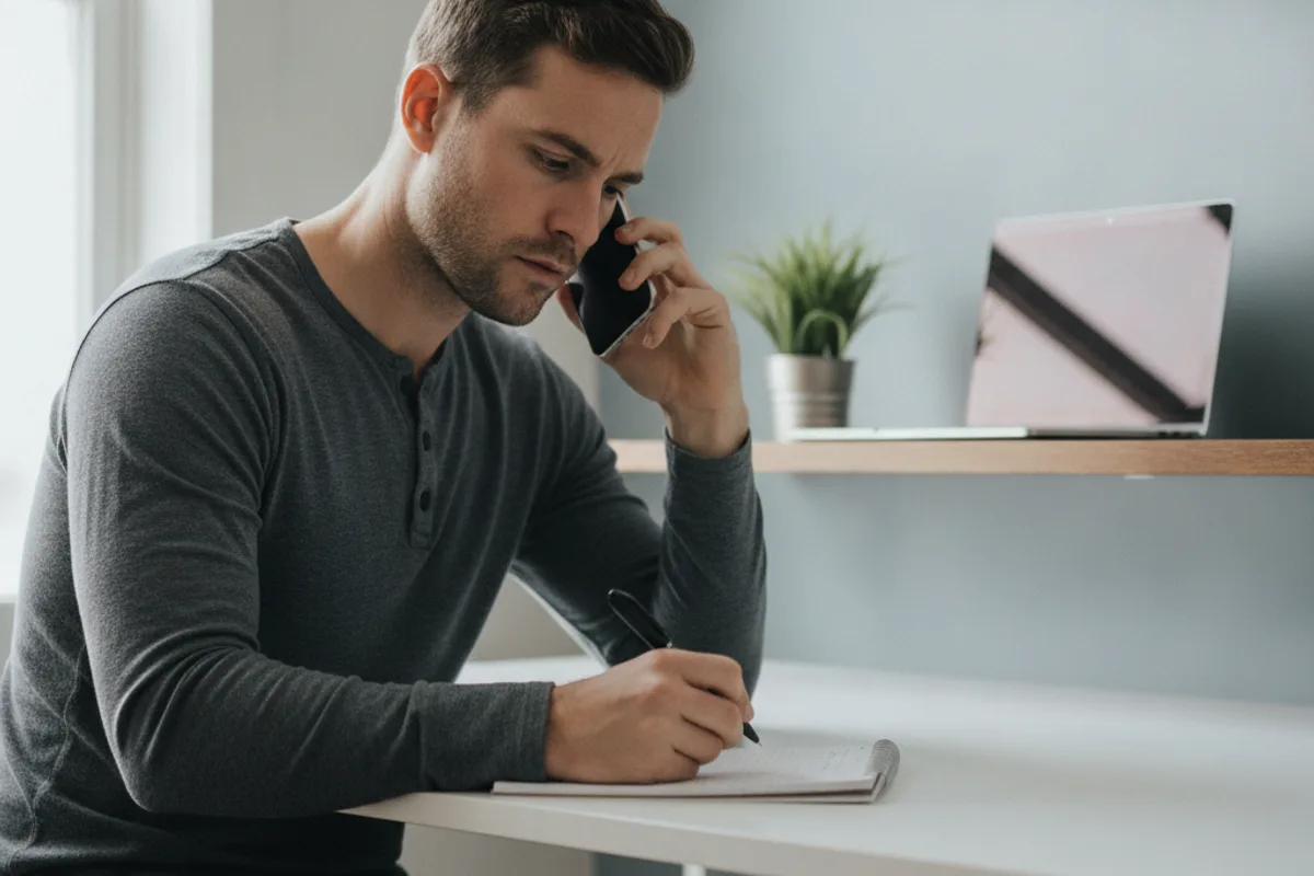 A focused young man takes notes during a phone consultation, seeking professional legal advice from an adviser.