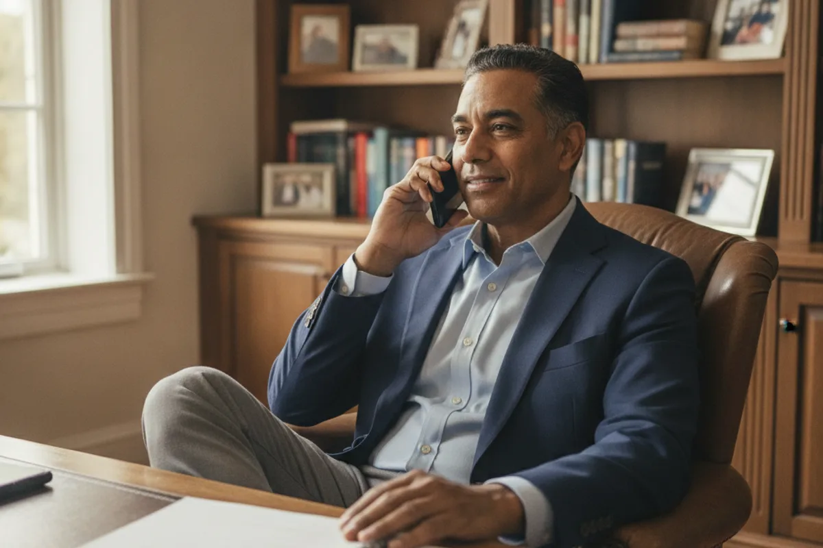Man on phone, listening intently to an adviser, with notes on his desk in a home office.