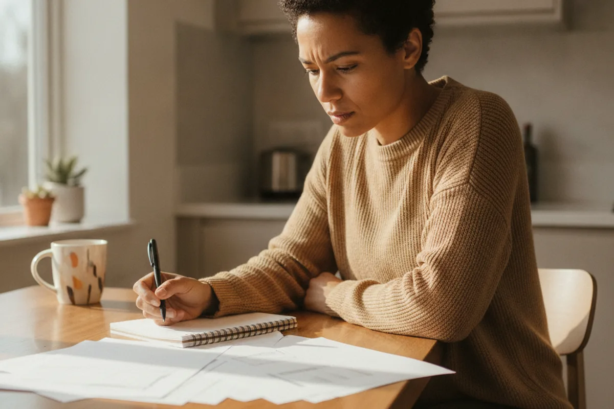 A person with a disability reviews personal documents and notes at a kitchen table, preparing for a hearing.