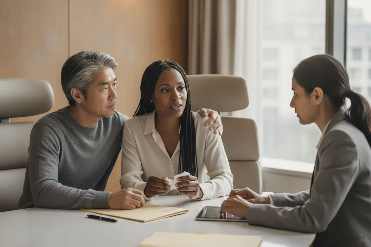 A supportive couple consults with a legal adviser in a professional office, discussing their Social Security disability case.