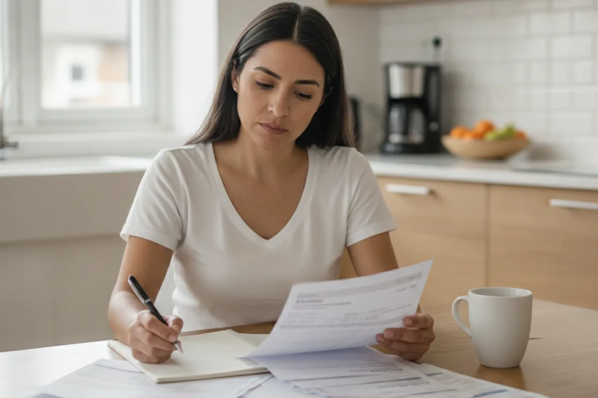 Woman at kitchen table reviews medical bills and insurance documents, contemplating her next steps.