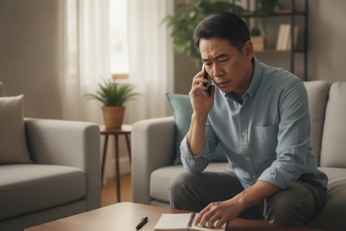 Man on phone in his living room, listening intently while discussing a personal injury claim or seeking advice.