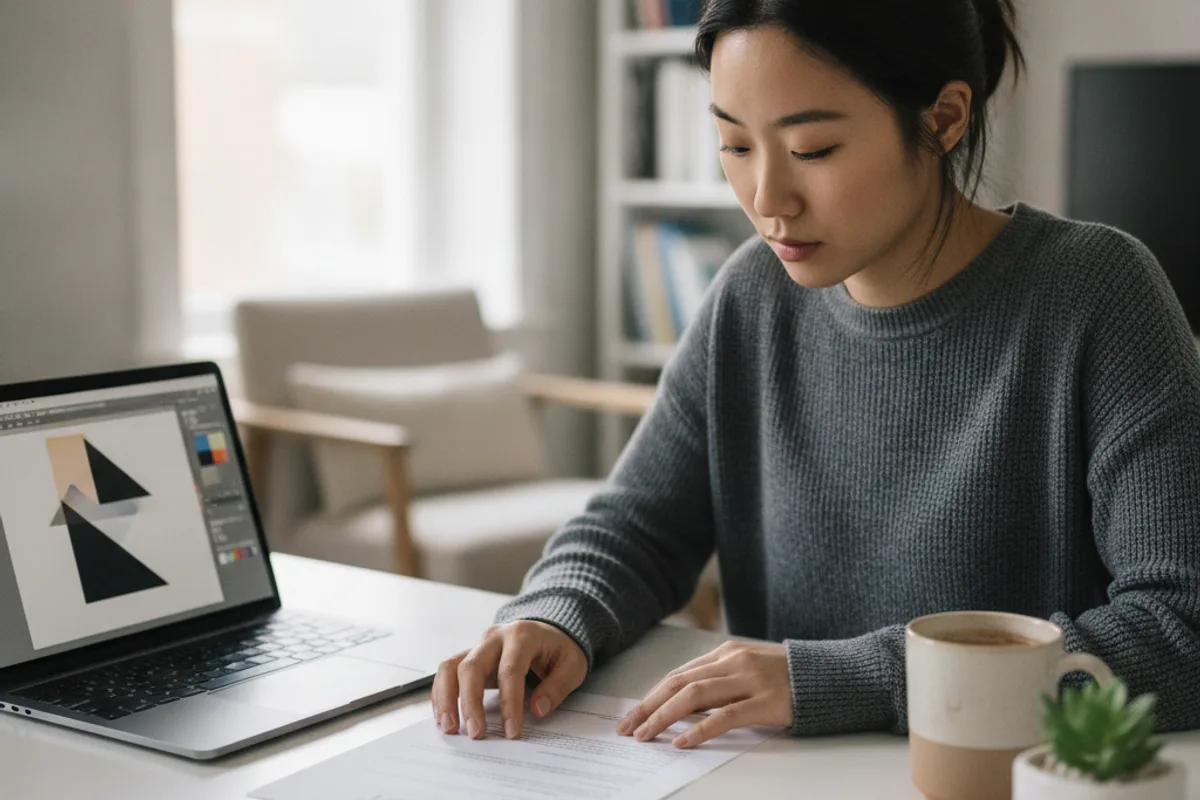 Freelance graphic designer reviews a work-for-hire contract at her home office desk.