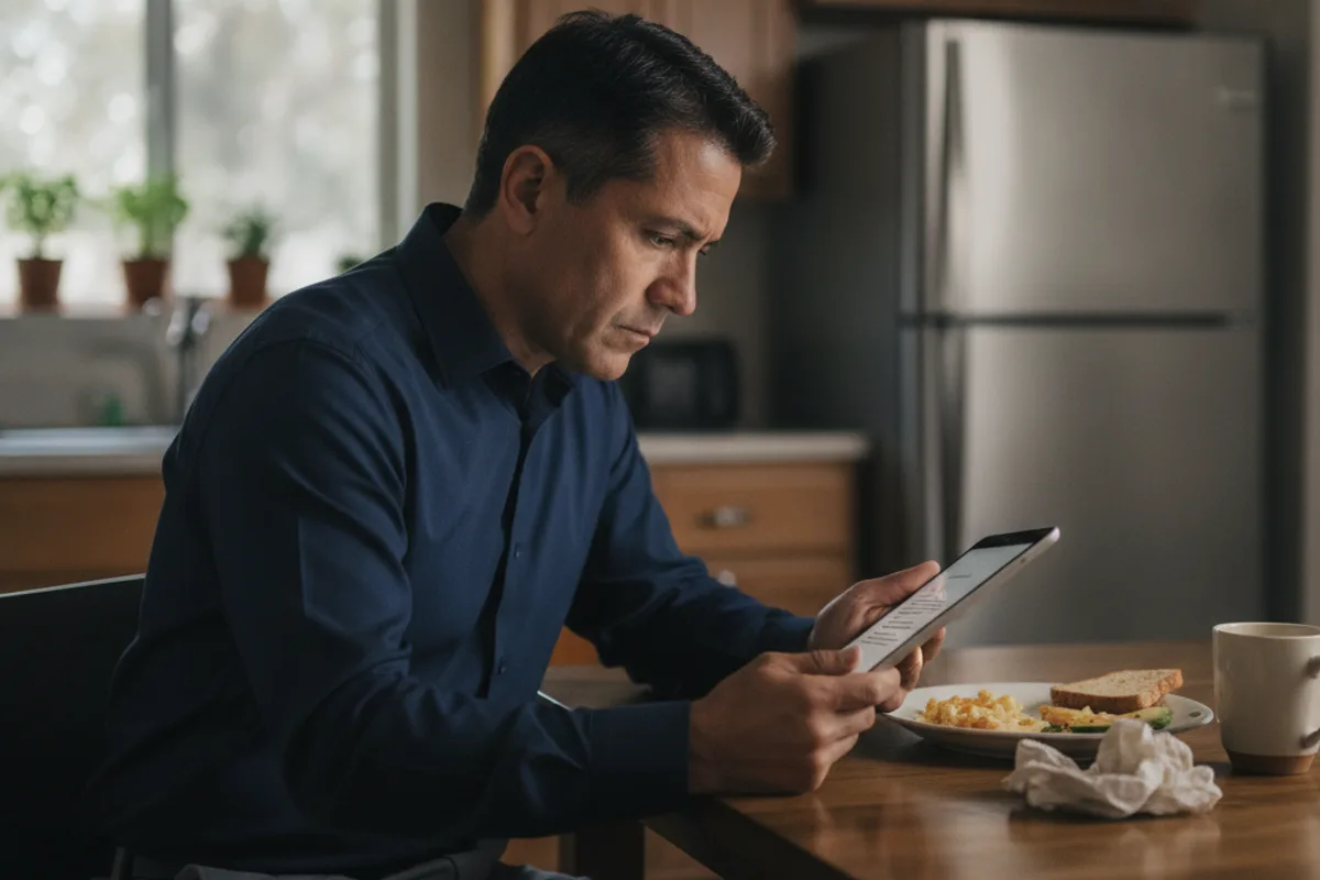 Small business owner reviews a digital contract on a tablet at his kitchen table, focusing on IP terms.