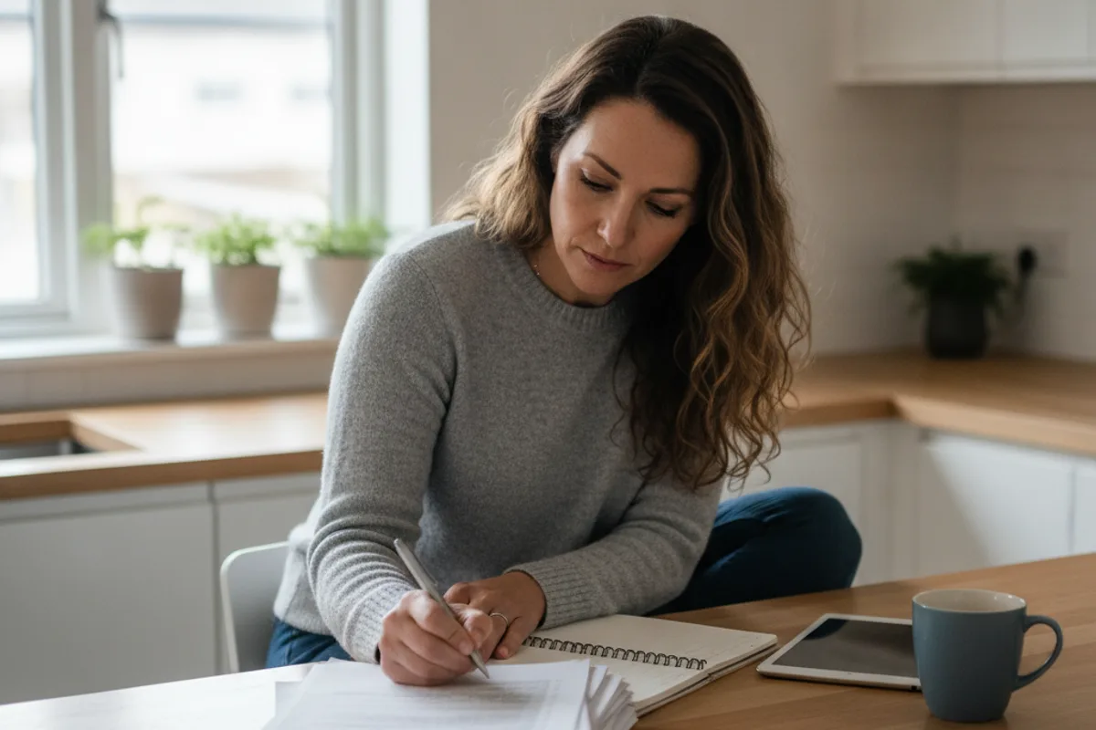 Woman thoughtfully reviews estate planning documents at her kitchen table, considering her options.