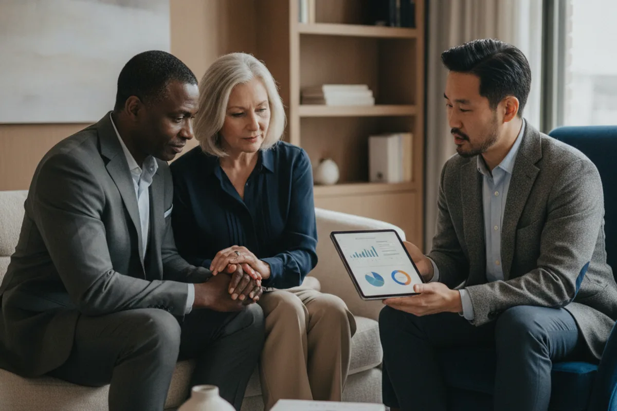 A diverse couple consults with a financial adviser about their estate planning options, reviewing digital documents.