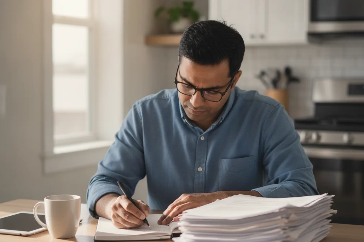 A man sits at his kitchen table, intently reviewing legal documents and notes, a pen and coffee cup nearby.