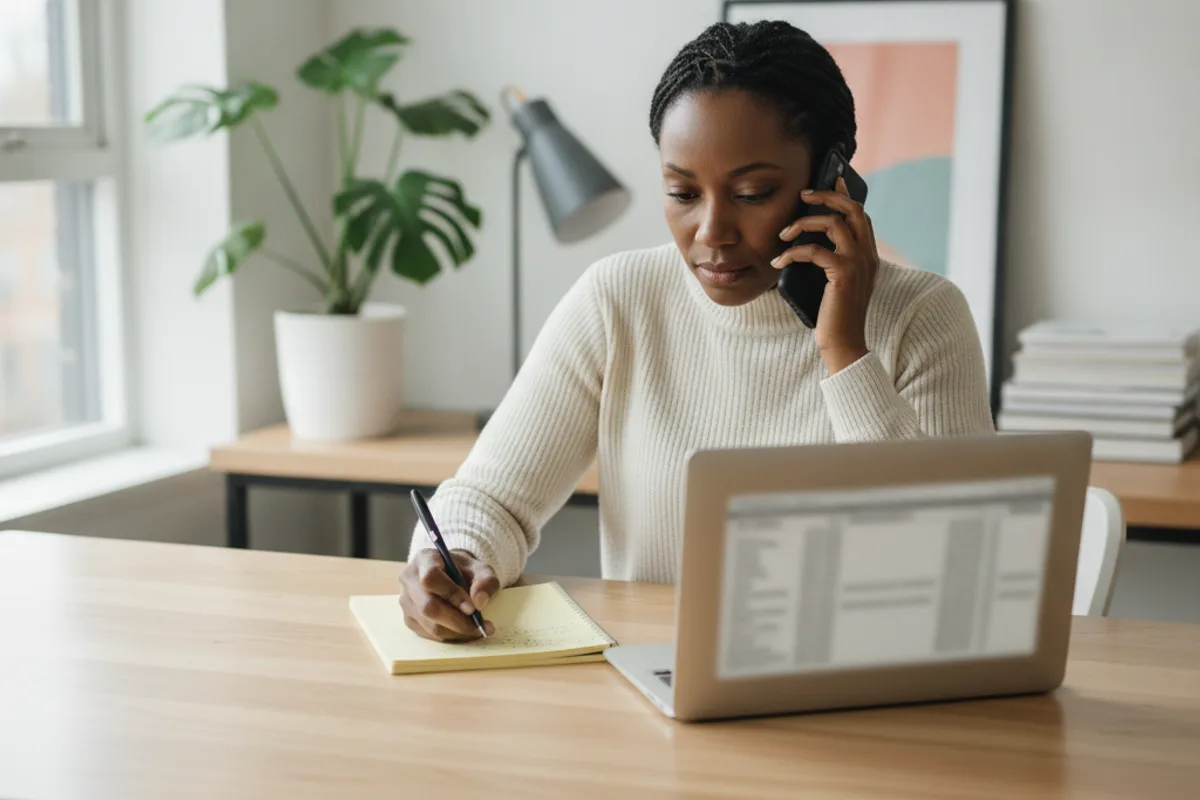 A professional woman takes notes during an important phone call in her well-lit home office, a laptop open.
