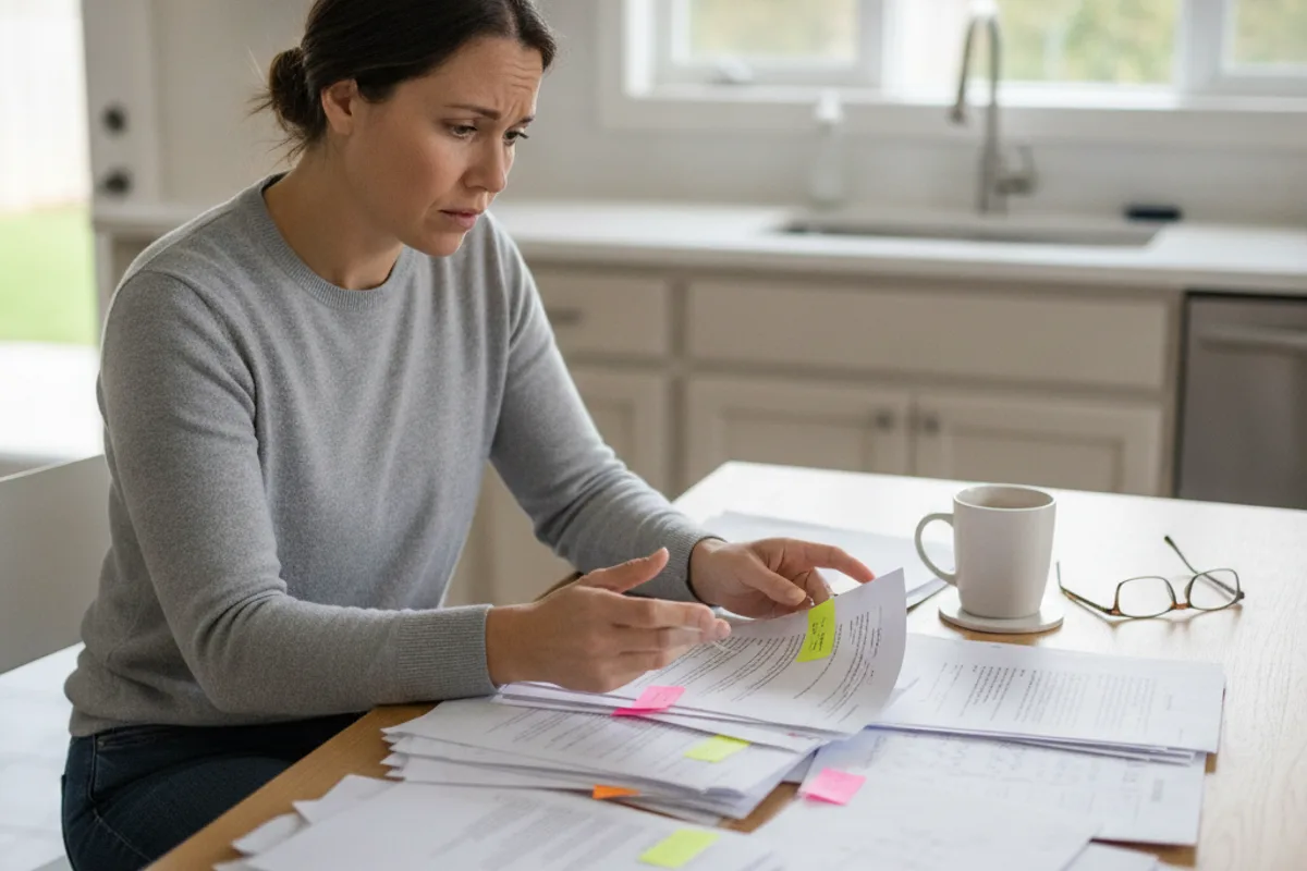 Person at a kitchen table carefully reviews important workplace documents and emails.