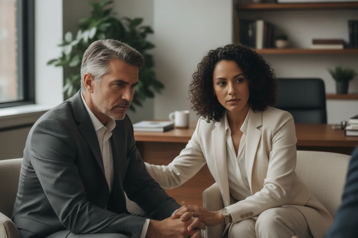 A supportive couple listens intently during a professional consultation about a serious matter.