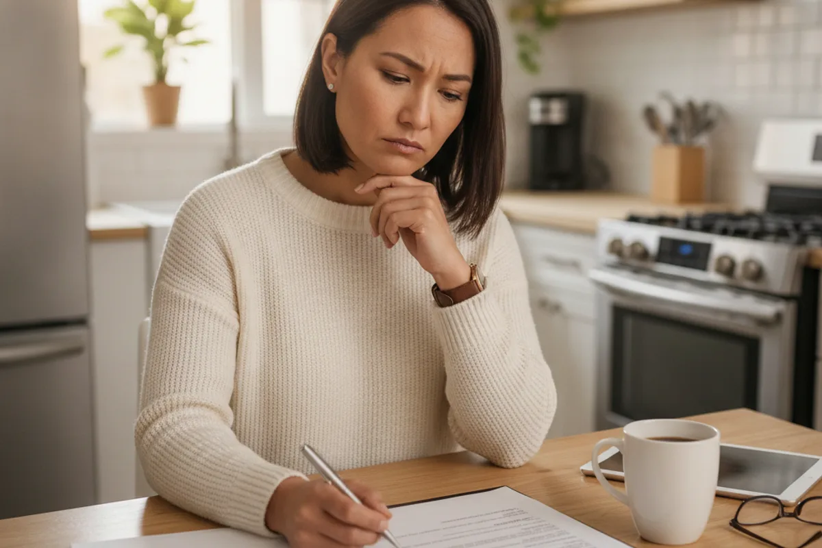 A person reviews employment documents at their kitchen table, looking focused and serious.