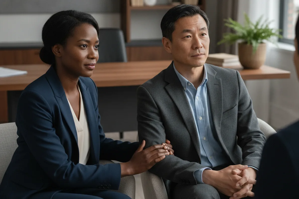 A supportive couple attends a consultation, listening attentively to advice.